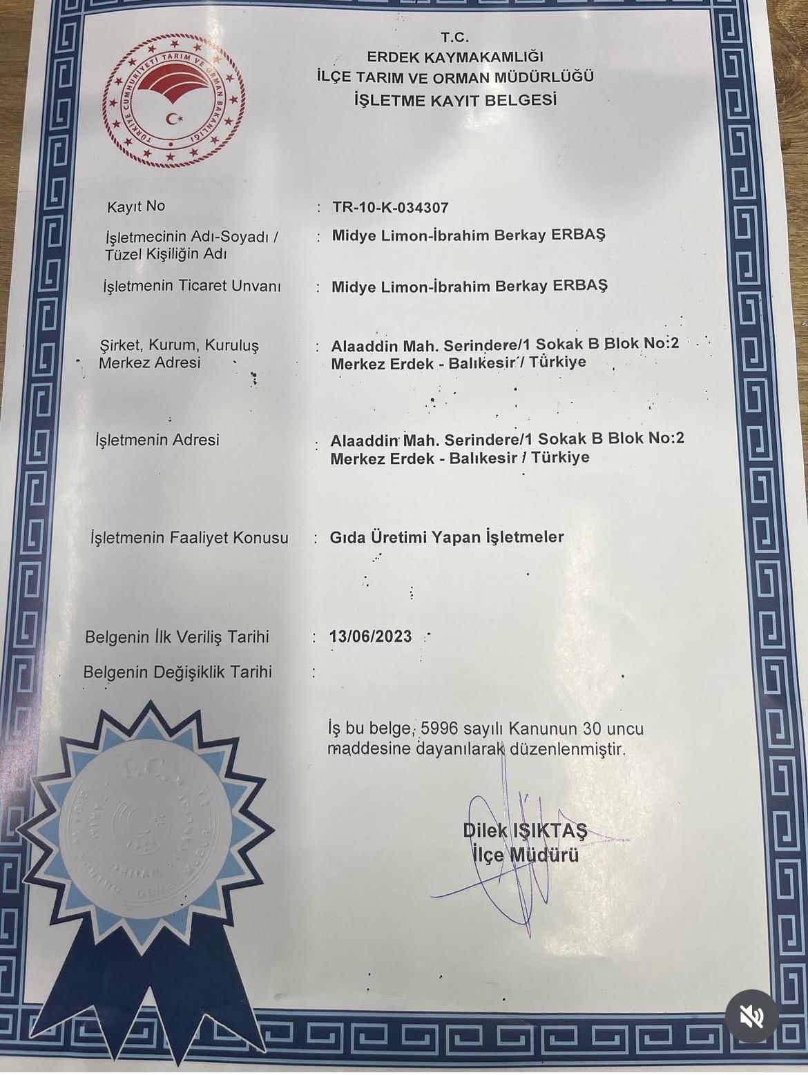 Kalite Sertifikası - Midye Limon®