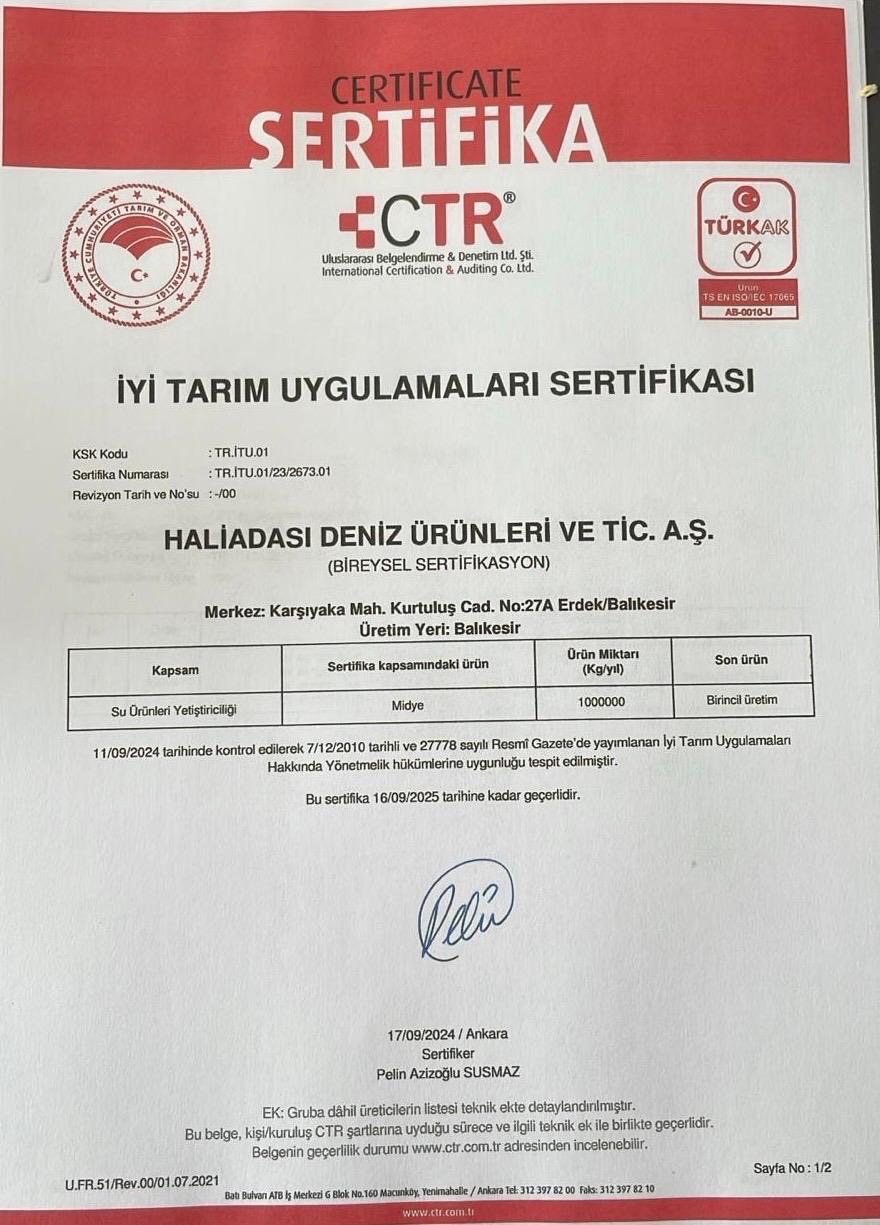 Kalite Sertifikası - Midye Limon®