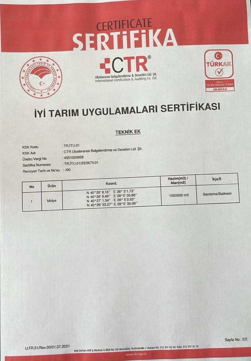 Kalite Sertifikası - Midye Limon®